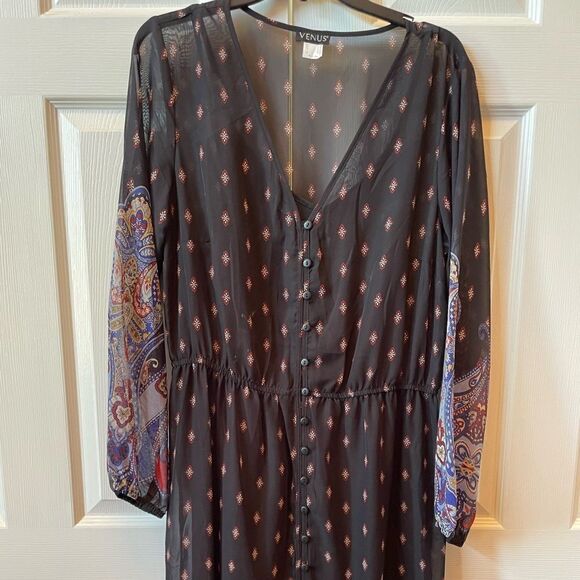 2 PC DRESS SOLID BLACK SHEATH & MAXI FRONT BOTTON BLACK CHIFFON DUSTER XL - Picture 2 of 7